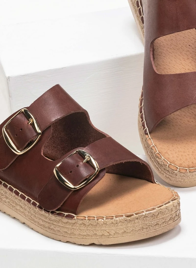 Flatforms δερμάτινα με διπλή φάσα Estil - Καφέ 1 Flatforms δερμάτινα με διπλή φάσα Estil - Καφέ