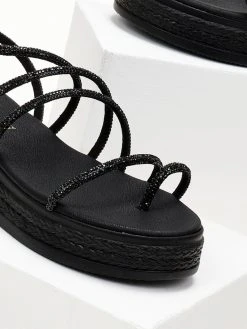 Flatforms δερμάτινα με στρας λουράκια Estil - Μαύρο -The Fashion Project κατάστημα flatforms dermatina estil me strass lourakia 105354 iu8v