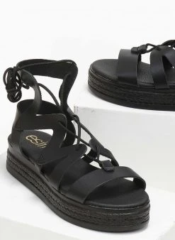 Flatforms δερμάτινα με δέσιμο Estil - Μαύρο -The Fashion Project κατάστημα flatforms dermatina me desimo estil 110775 9yoj