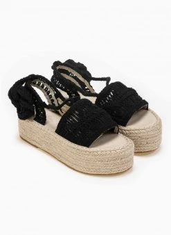 The Fashion Project Flatforms με πλεκτό σχοίνινο σχέδιο - Μαύρο -The Fashion Project κατάστημα lace up flatforms me plekto sxoinino sxedio 87200 b0ia