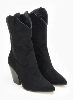 The Fashion Project Μποτάκια Cowboy Suede με ξύλινο τακούνι - Μαύρο -The Fashion Project κατάστημα mpotakia cowboy suede me ksulino takouni 109324 4w59
