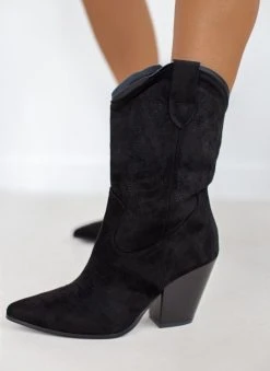 The Fashion Project Μποτάκια Cowboy Suede με ξύλινο τακούνι - Μαύρο -The Fashion Project κατάστημα mpotakia cowboy suede me ksulino takouni 109324 omav