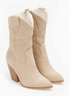 The Fashion Project Μποτάκια Cowboy Suede με ξύλινο τακούνι - Μπεζ -The Fashion Project κατάστημα mpotakia cowboy suede me ksulino takouni 109325 w6rl