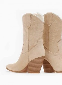 The Fashion Project Μποτάκια Cowboy Suede με ξύλινο τακούνι - Μπεζ -The Fashion Project κατάστημα mpotakia cowboy suede me ksulino takouni 109325 xbje