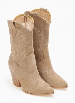 The Fashion Project Μποτάκια Cowboy Suede με ξύλινο τακούνι - Τάουπε -The Fashion Project κατάστημα mpotakia cowboy suede me ksulino takouni 109326 0ozm
