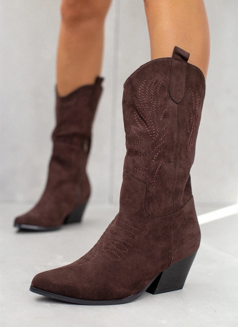 TFP Μποτάκια Cowboy Suede με σχέδιο - Καφέ 1 TFP Μποτάκια Cowboy Suede με σχέδιο - Καφέ