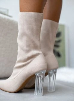 The Fashion Project Μποτάκια κάλτσα με διάφανο τακούνι - Μπεζ -The Fashion Project κατάστημα mpotakia kaltsa me diafano takouni 106137 o450