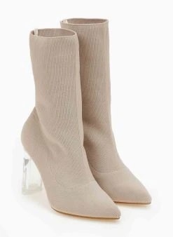 The Fashion Project Μποτάκια κάλτσα με διάφανο τακούνι - Μπεζ -The Fashion Project κατάστημα mpotakia kaltsa me diafano takouni 106137 okrk