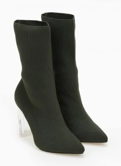 The Fashion Project Μποτάκια κάλτσα με διάφανο τακούνι - Χακί -The Fashion Project κατάστημα mpotakia kaltsa me diafano takouni 106138 m131