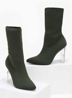 The Fashion Project Μποτάκια κάλτσα με διάφανο τακούνι - Χακί -The Fashion Project κατάστημα mpotakia kaltsa me diafano takouni 106138 tz1g