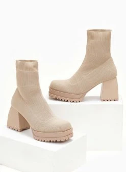 The Fashion Project Μποτάκια κάλτσα με ιδιαίτερο τακούνι - Μπεζ -The Fashion Project κατάστημα mpotakia kaltsa me idiaitero takouni 107267 hpz3