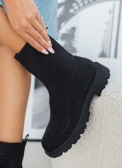 The Fashion Project Μποτάκια κάλτσα με Strass - Μαύρο