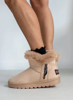 The Fashion Project Μποτάκια με γούνα και φερμουάρ - Κάμελ