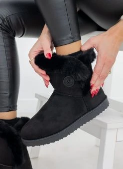 The Fashion Project Μποτάκια με γούνα και κουμπί στο πλάι - Μαύρο