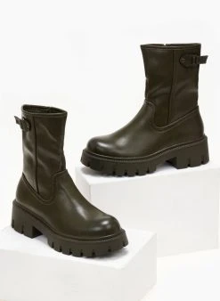 The Fashion Project Μποτάκια Biker με ψηλή τρακτερωτή σόλα - Λαδί -The Fashion Project κατάστημα mpotakia me psili trakterwti sola 105913 k6x5