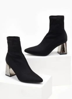 The Fashion Project Μποτάκια κάλτσα σατέν - Μαύρο -The Fashion Project κατάστημα mpotakia saten me idiaitero takouni 107070 pk8v