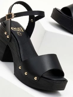 Πέδιλα με φιάπα δερμάτινα Estil - Μαύρο -The Fashion Project κατάστημα pedila dermatina estil me ksulini sola 105421 ugx7