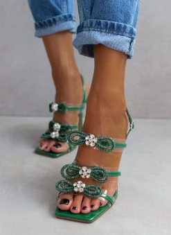 The Fashion Project Πέδιλα με στρας φιόγκους και διαφάνεια - Πράσινο -The Fashion Project κατάστημα pedila diafaneis me strass fiogkous 104813 2oei