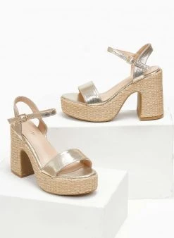 The Fashion Project Πέδιλα με μπαρέτα και ψάθα στη σόλα - Χρυσό -The Fashion Project κατάστημα pedila me mpareta kai psatha sti sola 111329 w6yw