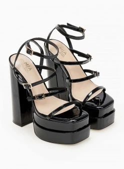 The Fashion Project Πέδιλα Platform λουστρίνι με λεπτά λουράκια - Μαύρο -The Fashion Project κατάστημα pedila platform loustrini me lepta lourakia 103912 l04j