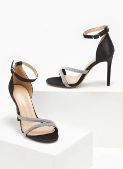 The Fashion Project Πέδιλα με στρας σατέν - Μαύρο -The Fashion Project κατάστημα pedila saten me strass 110669 t36l