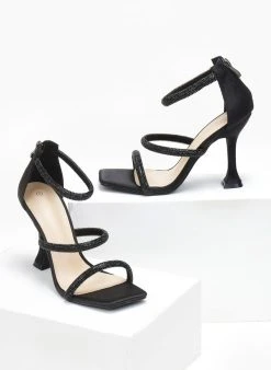 The Fashion Project Πέδιλα με στρας και φερμουάρ σατέν - Μαύρο/Ασημί -The Fashion Project κατάστημα pedila saten me strass kai fermouar 110751 48sf