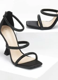 The Fashion Project Πέδιλα με στρας και φερμουάρ σατέν - Μαύρο/Ασημί -The Fashion Project κατάστημα pedila saten me strass kai fermouar 110751 havu