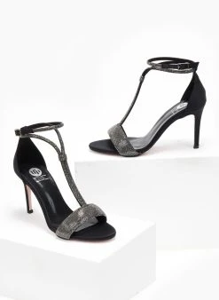 Πέδιλα με μπαρέτα και στρας Tfp - Μαύρο -The Fashion Project κατάστημα pedila saten me strass tfp 108637 8jk8