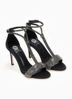 Πέδιλα με μπαρέτα και στρας Tfp - Μαύρο -The Fashion Project κατάστημα pedila saten me strass tfp 108637 x45r
