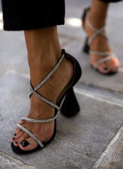 The Fashion Project Πέδιλα με στρας - Μαύρο -The Fashion Project κατάστημα pedila saten me takouni kampana 107222 fkx5