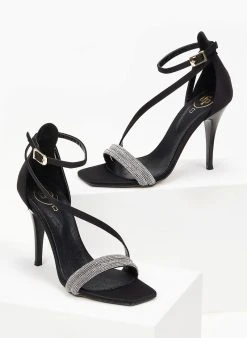 Πέδιλα με στρας υφασμάτινα Tfp - Μαύρο -The Fashion Project κατάστημα pedila saten tfp me dipli seira strass 100645 6mkk