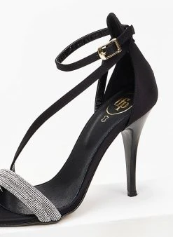 Πέδιλα με στρας υφασμάτινα Tfp - Μαύρο -The Fashion Project κατάστημα pedila saten tfp me dipli seira strass 100645 b474