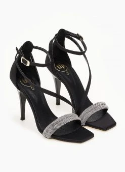 Πέδιλα με στρας υφασμάτινα Tfp - Μαύρο -The Fashion Project κατάστημα pedila saten tfp me dipli seira strass 100645 butv