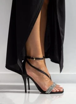 Πέδιλα με στρας υφασμάτινα Tfp - Μαύρο -The Fashion Project κατάστημα pedila saten tfp me dipli seira strass 100645 ljnk