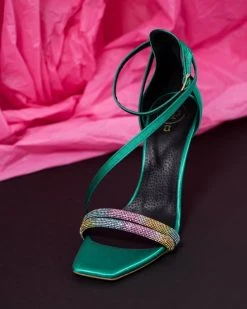 Πέδιλα με στρας υφασμάτινα Tfp - Σμαραγδί -The Fashion Project κατάστημα pedila saten tfp me dipli seira strass 100647 2k29