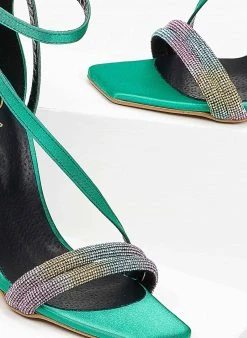 Πέδιλα με στρας υφασμάτινα Tfp - Σμαραγδί -The Fashion Project κατάστημα pedila saten tfp me dipli seira strass 100647 h7s3