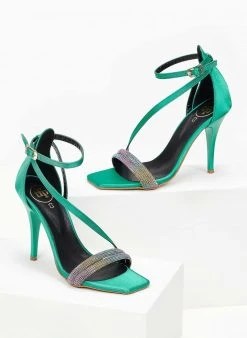 Πέδιλα με στρας υφασμάτινα Tfp - Σμαραγδί -The Fashion Project κατάστημα pedila saten tfp me dipli seira strass 100647 imj9