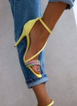 Πέδιλα με στρας υφασμάτινα Tfp - Κίτρινο -The Fashion Project κατάστημα pedila saten tfp me dipli seira strass 104762 hj9i