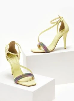 Πέδιλα με στρας υφασμάτινα Tfp - Κίτρινο -The Fashion Project κατάστημα pedila saten tfp me dipli seira strass 104762 ke04