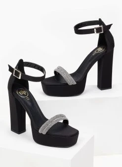 Πέδιλα με φιάπα και στρας υφασμάτινα Tfp - Μαύρο -The Fashion Project κατάστημα pedila tfp saten me strass kai fiapa 100460 syi2