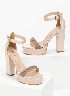 Πέδιλα με φιάπα και στρας υφασμάτινα Tfp - Nude -The Fashion Project κατάστημα pedila tfp saten me strass kai fiapa 100657 c1ys